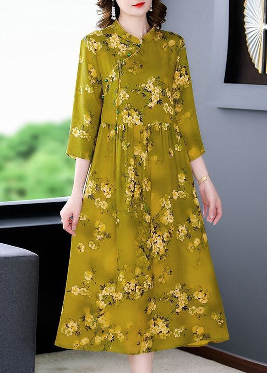 Elegant Green Stand Collar Print Silk Cheongsam Dress Bracelet Sleeve FR2014