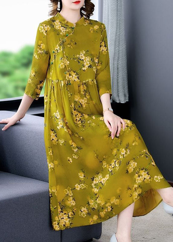 Elegant Green Stand Collar Print Silk Cheongsam Dress Bracelet Sleeve FR2014