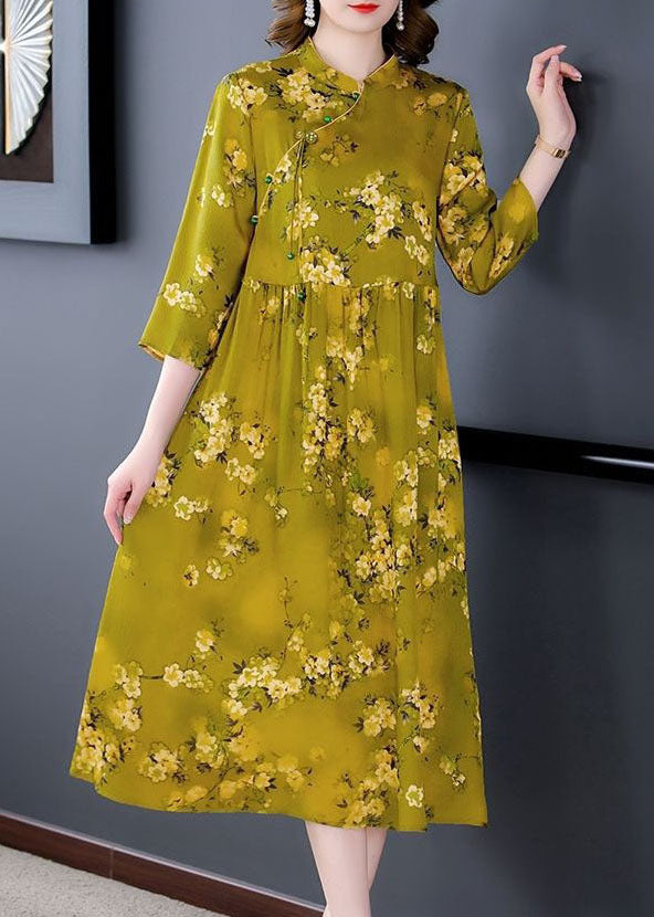 Elegant Green Stand Collar Print Silk Cheongsam Dress Bracelet Sleeve FR2014