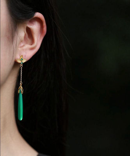 Elegant Green Sterling Silver Green Agate Water Drop Tassel Drop Earrings TW1058