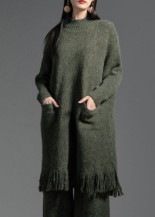 Elegant Green Tasseled Patchwork Wool Knitting Dress Winter LY0005