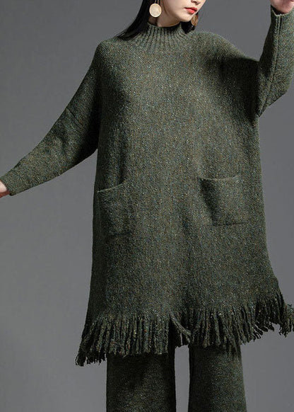 Elegant Green Tasseled Patchwork Wool Knitting Dress Winter LY0005