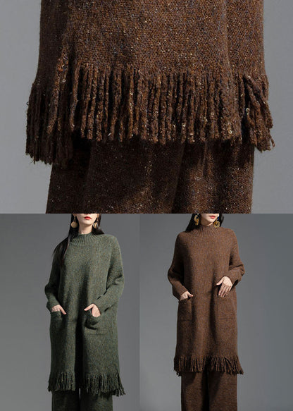 Elegant Green Tasseled Patchwork Wool Knitting Dress Winter LY0005