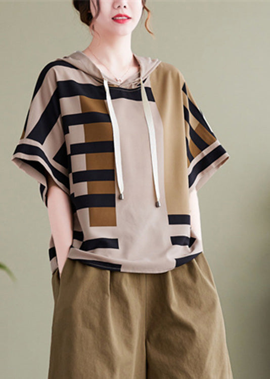 Elegant Grey Striped Patchwork Hooded Shirt Summer LY0640