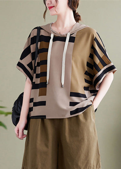 Elegant Grey Striped Patchwork Hooded Shirt Summer LY0640