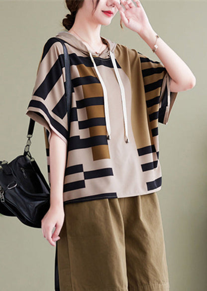 Elegant Grey Striped Patchwork Hooded Shirt Summer LY0640