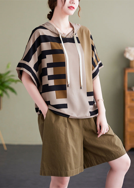 Elegant Grey Striped Patchwork Hooded Shirt Summer LY0640