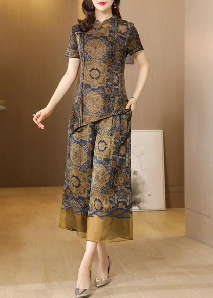 Elegant Khaki Asymmetrical Design Print Silk Two Pieces Set Summer LY0701