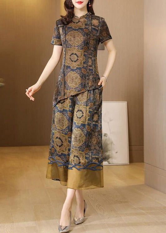 Elegant Khaki Asymmetrical Design Print Silk Two Pieces Set AC3007