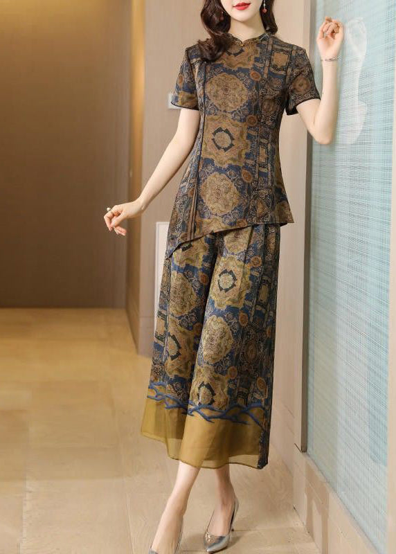 Elegant Khaki Asymmetrical Design Print Silk Two Pieces Set AC3007