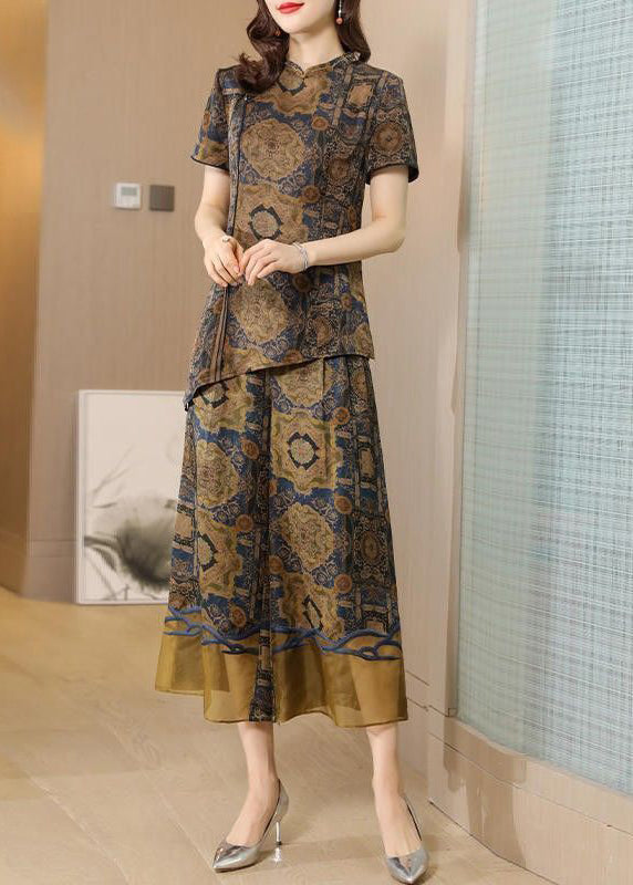 Elegant Khaki Asymmetrical Design Print Silk Two Pieces Set Summer LY0701