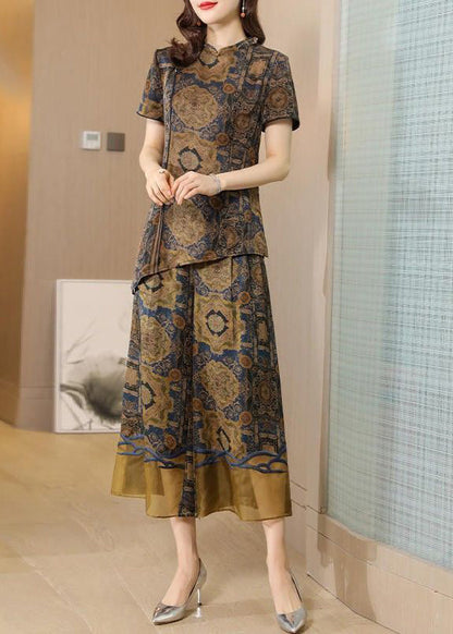 Elegant Khaki Asymmetrical Design Print Silk Two Pieces Set AC3007