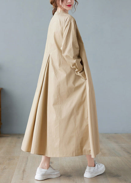 Elegant Khaki O-Neck Button Cotton Long Shirts Dress Long Sleeve AC2055