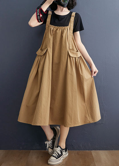 Elegant Khaki Oversized Pockets Cotton Strap A Line Dress Summer AC2004