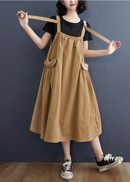 Elegant Khaki Oversized Pockets Cotton Strap A Line Dress Summer AC2004