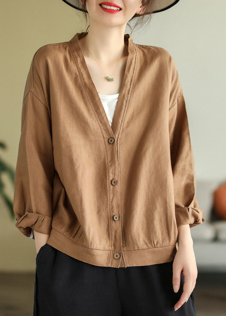 Elegant Khaki V Neck Button Linen Top Long Sleeve TG1041