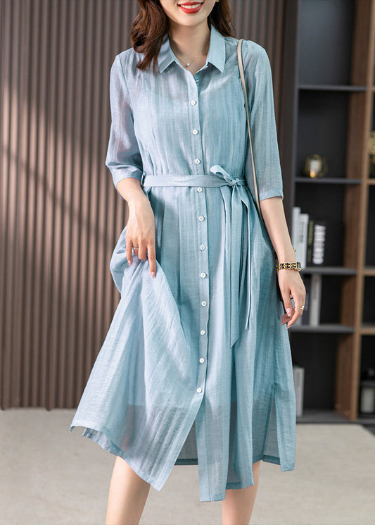 Elegant Light Blue Peter Pan Collar Tie Waist Solid Linen Maxi Dresses Summer LY1744