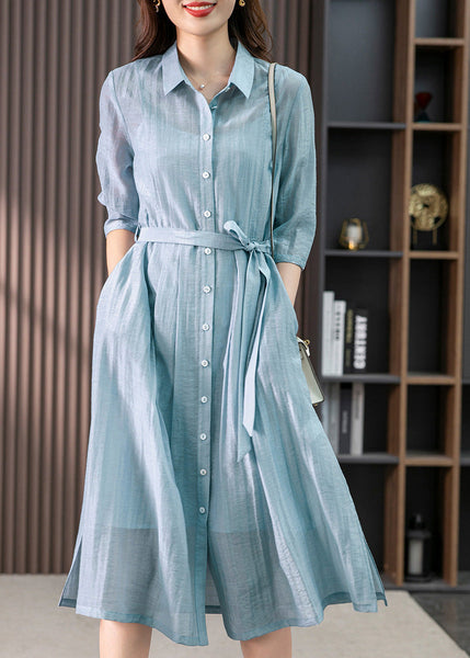 Elegant Light Blue Peter Pan Collar Tie Waist Solid Linen Maxi Dresses Summer LY1744