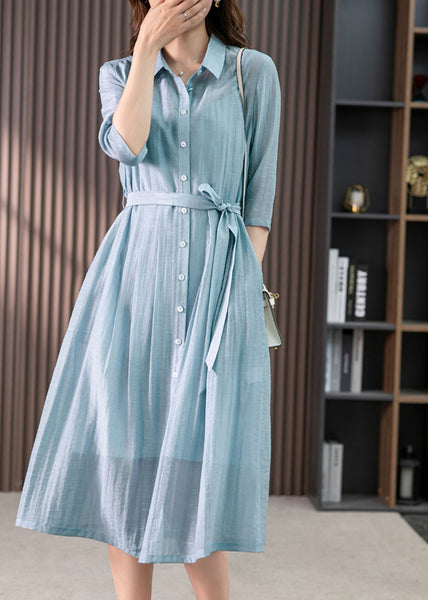 Elegant Light Blue Peter Pan Collar Tie Waist Solid Linen Maxi Dresses Summer LY1744