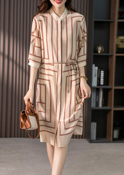 Elegant Light Coffee O-Neck Striped Side Open Silk Maxi Dress Half Sleeve LY1756