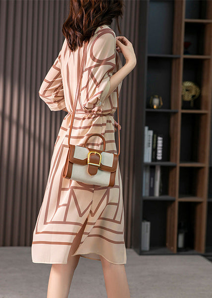 Elegant Light Coffee O-Neck Striped Side Open Silk Maxi Dress Half Sleeve LY1756