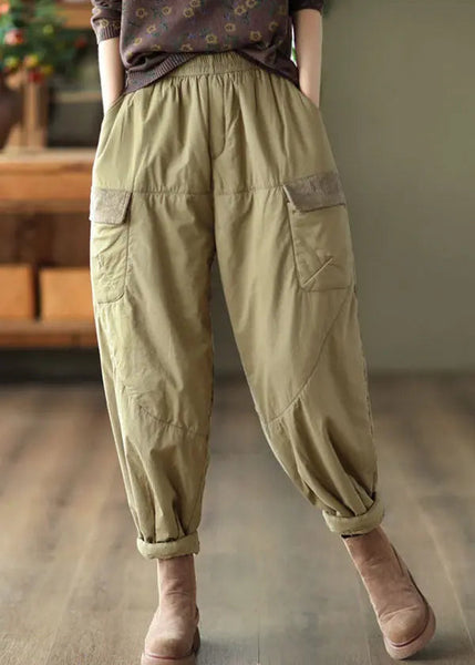 Elegant Light Green Pockets Patchwork Fleece Harem Pants Ada Fashion
