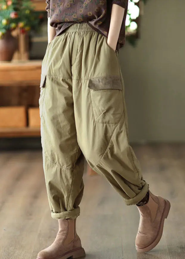 Elegant Light Green Pockets Patchwork Fleece Harem Pants Ada Fashion