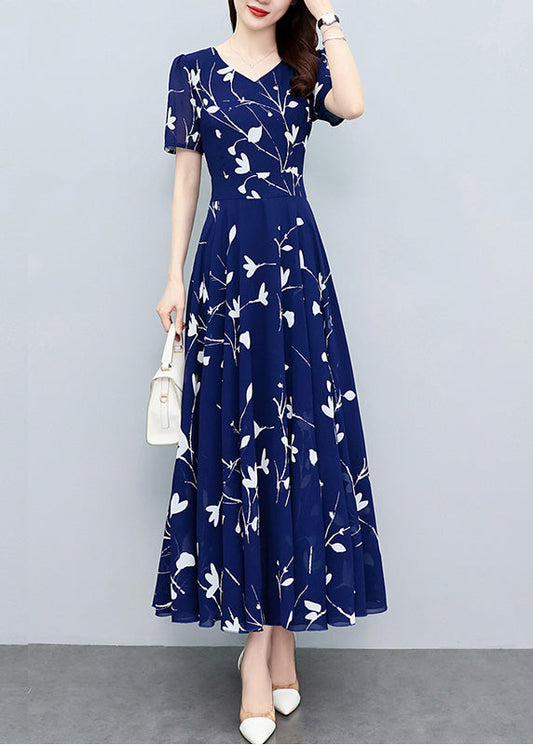 Elegant Navy Blue V Neck Print Slim Chiffon Maxi Dresses Summer LY1706