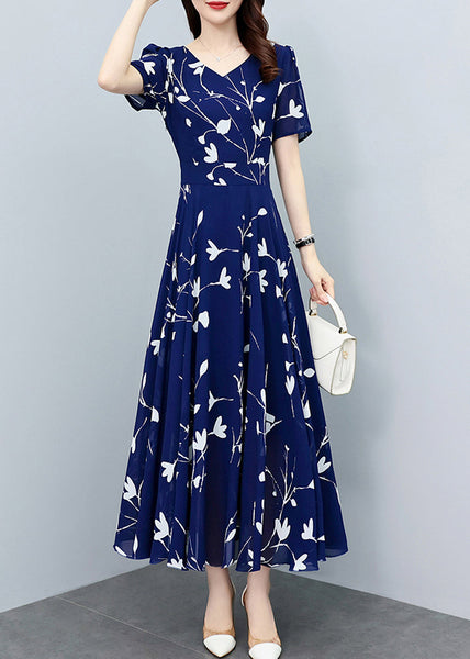 Elegant Navy Blue V Neck Print Slim Chiffon Maxi Dresses Summer LY1706