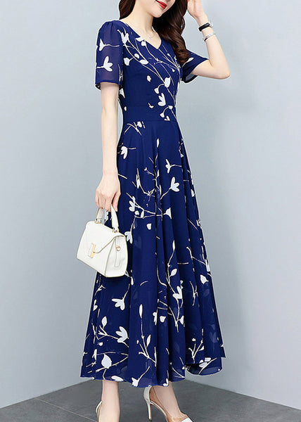 Elegant Navy Blue V Neck Print Slim Chiffon Maxi Dresses Summer LY1706