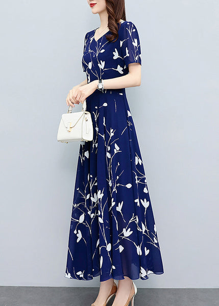 Elegant Navy Blue V Neck Print Slim Chiffon Maxi Dresses Summer LY1706