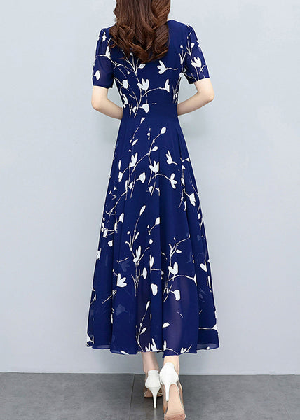 Elegant Navy Blue V Neck Print Slim Chiffon Maxi Dresses Summer LY1706