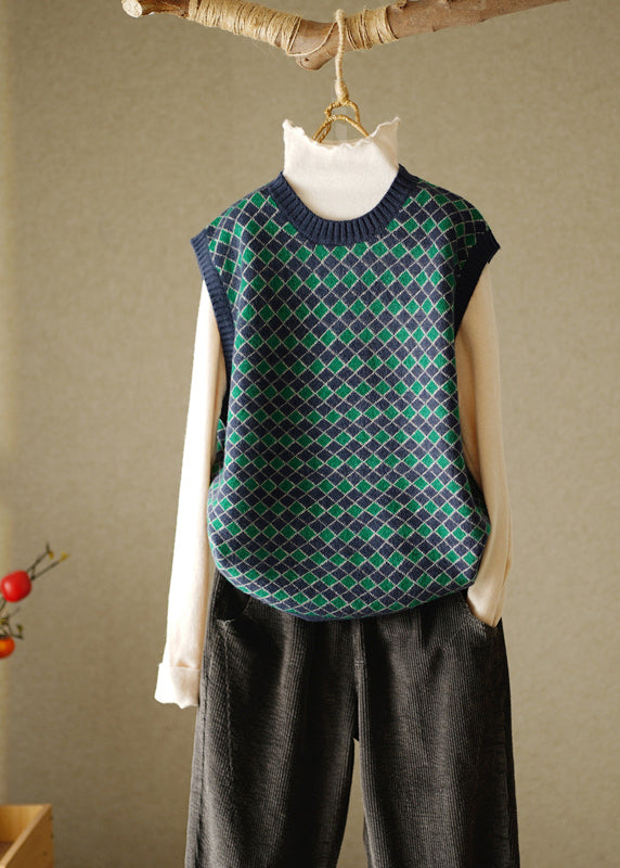 Elegant Navy O-Neck Plaid Knitted Cotton Thread Waistcoat Fall HA1024