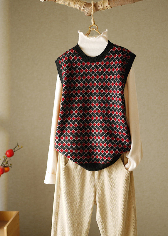 Elegant Navy O-Neck Plaid Knitted Cotton Thread Waistcoat Fall HA1024