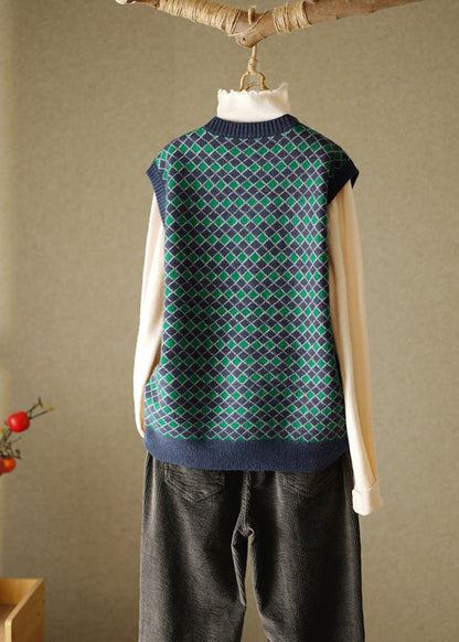 Elegant Navy O-Neck Plaid Knitted Cotton Thread Waistcoat Fall HA1024