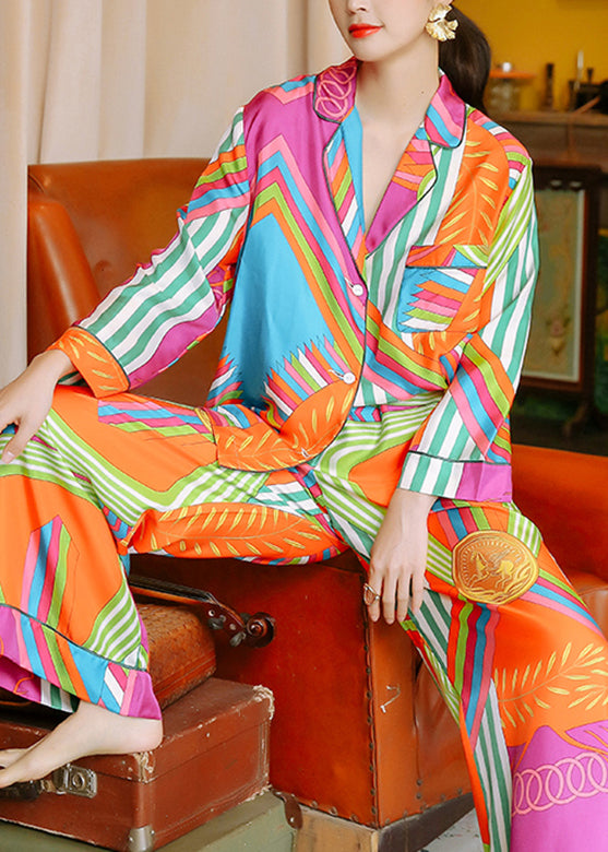 Elegant Notched Striped Patchwork Button Ice Silk Pajamas Two Pieces Set Long Sleeve LY1866