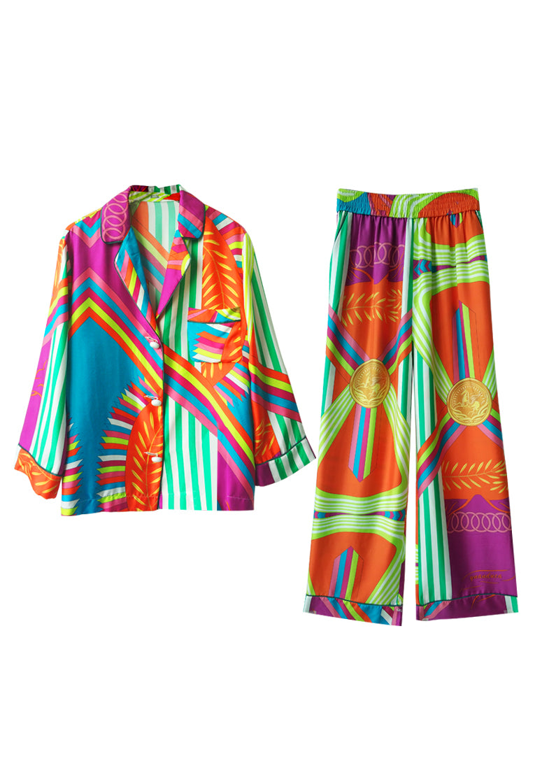 Elegant Notched Striped Patchwork Button Ice Silk Pajamas Two Pieces Set Long Sleeve LY1866