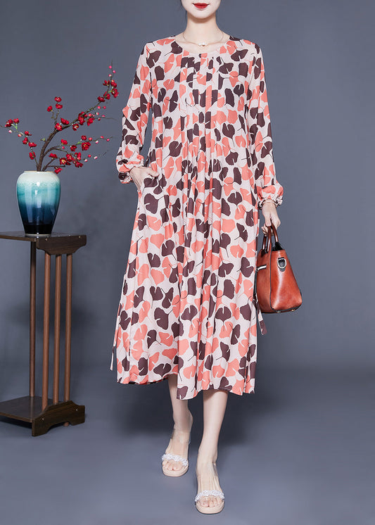 Elegant Orange Oversized Print Exra Large Hem Silk Pleated Dress Spring LC0407