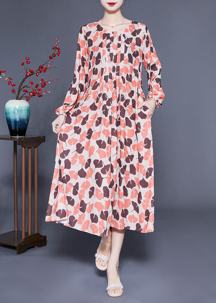 Elegant Orange Oversized Print Exra Large Hem Silk Pleated Dress Spring LY1137