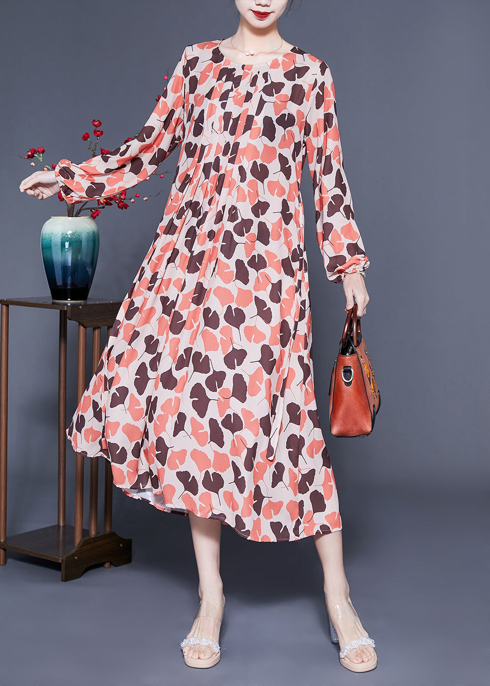 Elegant Orange Oversized Print Exra Large Hem Silk Pleated Dress Spring LC0407