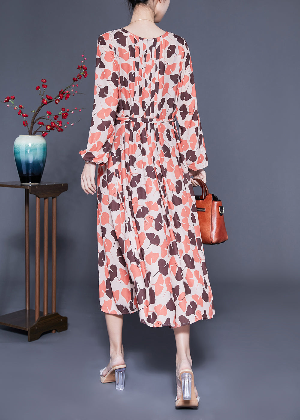 Elegant Orange Oversized Print Exra Large Hem Silk Pleated Dress Spring LC0407