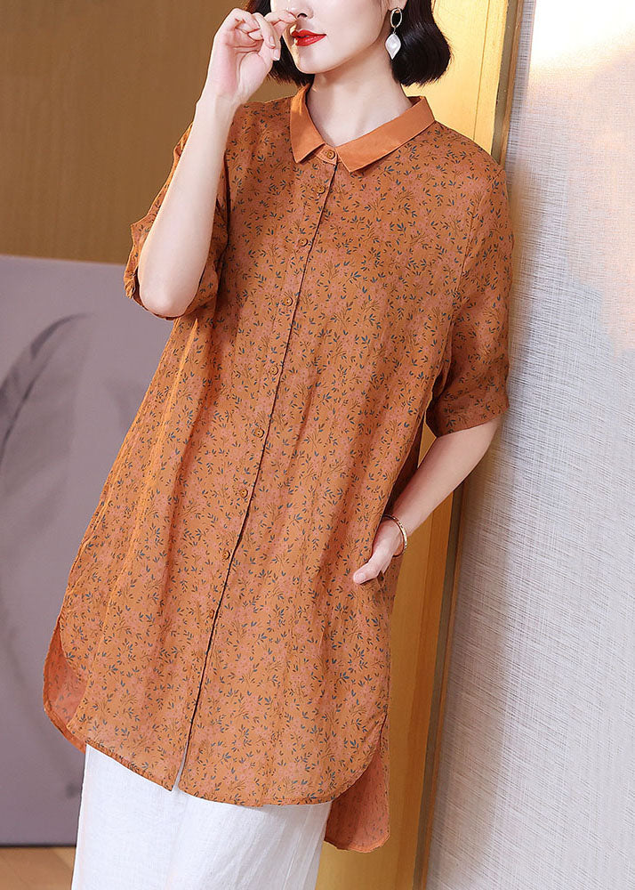 Elegant Orange Peter Pan Collar Print Patchwork Linen Shirts Top Summer TP1011