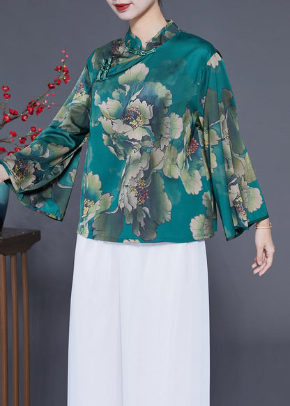 Elegant Peacock Green Mandarin Collar Print Silk Top Flare Sleeve LY1771