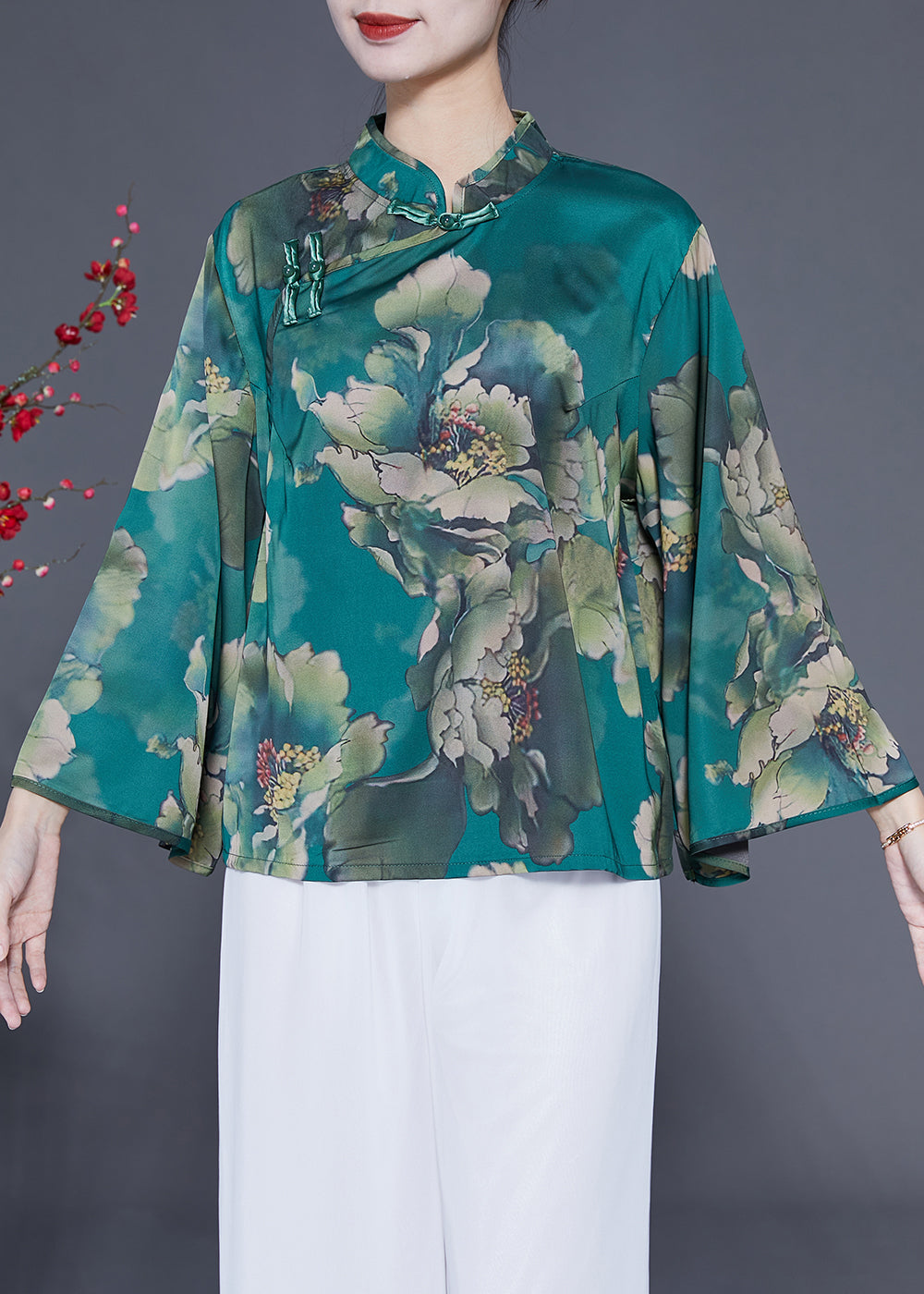 Elegant Peacock Green Mandarin Collar Print Silk Top Flare Sleeve LY1771