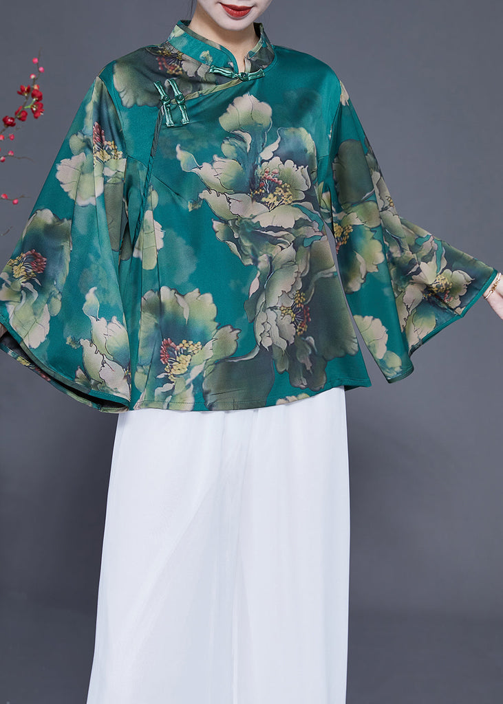 Elegant Peacock Green Mandarin Collar Print Silk Top Flare Sleeve LY1771