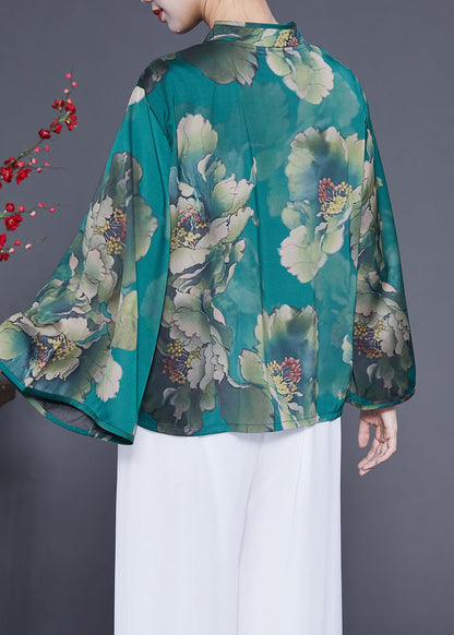 Elegant Peacock Green Mandarin Collar Print Silk Top Flare Sleeve LY1771