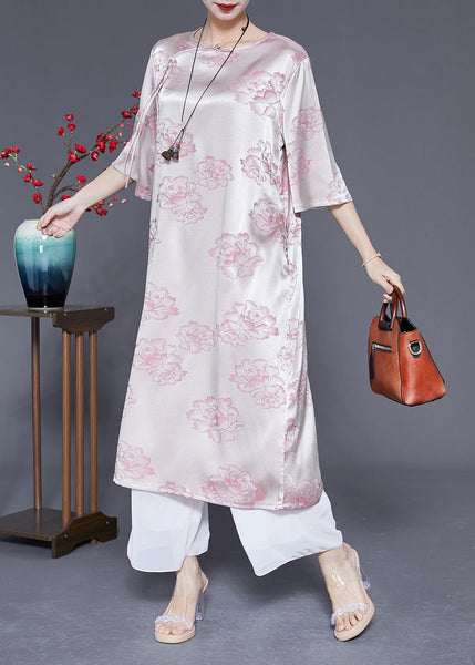 Elegant Pink O-Neck Print Tassel Silk Long Dress Half Sleeve LY1832