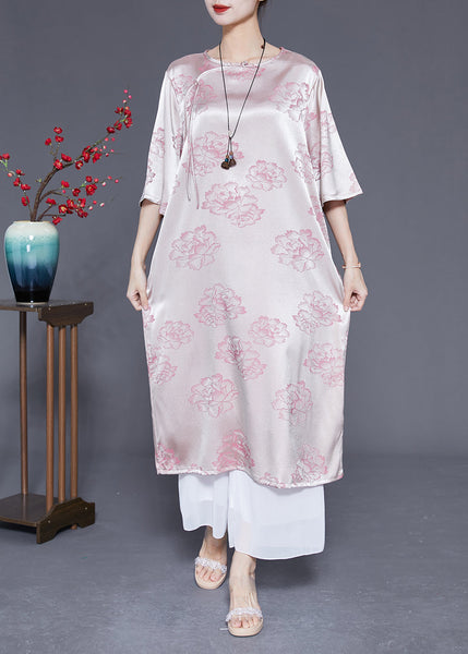 Elegant Pink O-Neck Print Tassel Silk Long Dress Half Sleeve LY1832