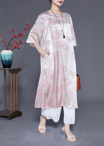 Elegant Pink O-Neck Print Tassel Silk Long Dress Half Sleeve LY1832