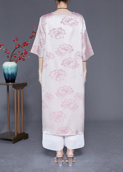 Elegant Pink O-Neck Print Tassel Silk Long Dress Half Sleeve LY1832